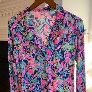 Lilly Pulitzer PJ Knit LS Button Up Top Oyster Bay Navy Seen and Herd Knit NWT